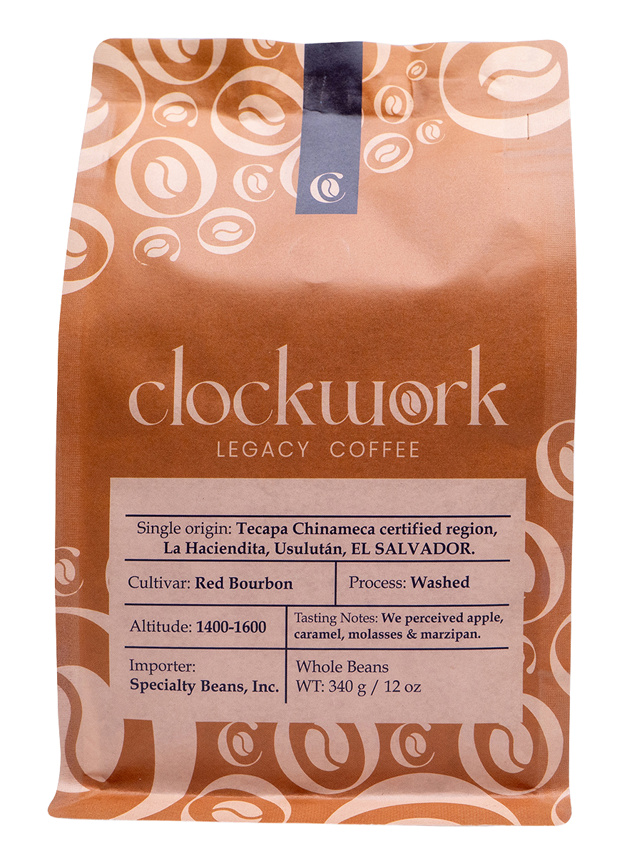 Clockwork Legacy Coffee bag with detailed information on the packaging