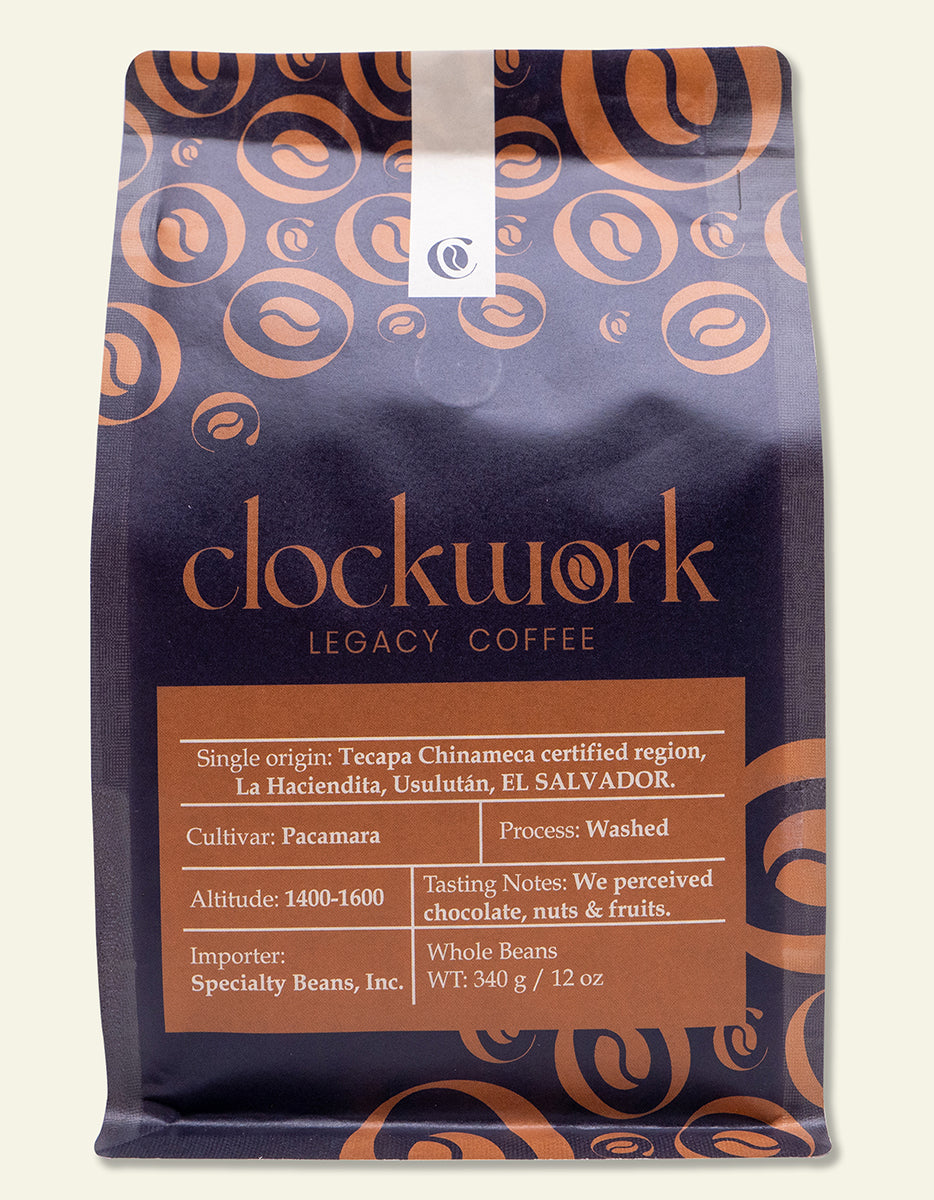 Clockwork Legacy Coffee bag with detailed information on a white background